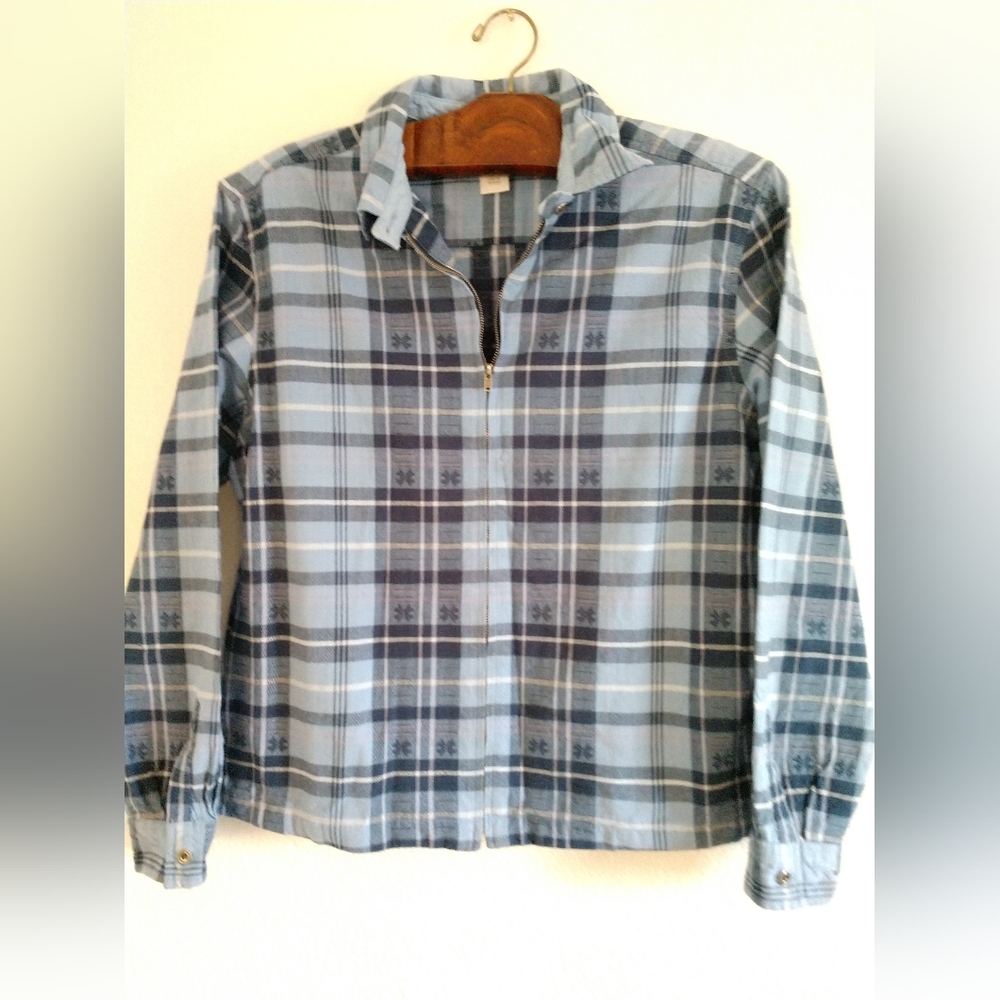 Adorable Vintage Cherokee Plaid Jacket Blue Zip Front Lightweight Rockabilly MED